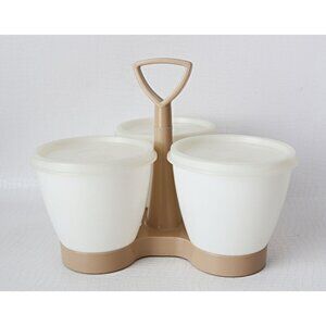 Vintage Tupperware Serve ‘n Store 3-pc Condiment Set with Caddy Carrier Almond